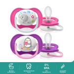 Соска-пустышка силиконовая, Avent (Авент) 2 шт SCF 080/08 ультра эйр ортодонтическая для девочек 6-18 мес рисунок